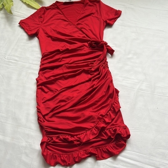 ⭐️LIUMILAC ruched wrap V neck casual bodycon ruffle dress⭐️ - Picture 5 of 10